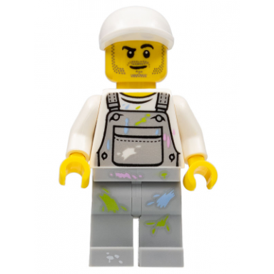 painter - male light bluish gray overalls with paint splotches white cap stubble
