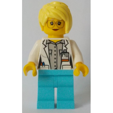 white shirt over light bluish gray shirt name tag medium azure legs bright light yellow female hair glasses
