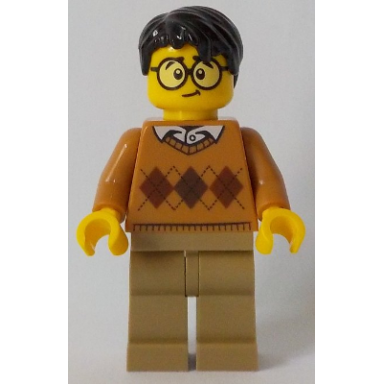 medium nougat argyle sweater dark tan legs black hair large round glasses