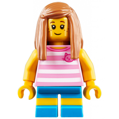 child - girl bright pink striped shirt with cat head dark azure short legs with molded yellow stripes medium nougat long hair freckles
