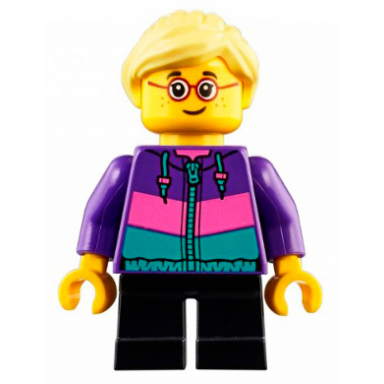 child - girl dark purple jacket black short legs bright light yellow ponytail glasses freckles