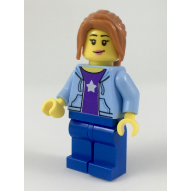 hiker female bright light blue hoodie over dark purple star shirt dark orange ponytail long with side bangs