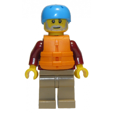 man dark red jacket with bright light blue shirt dark tan legs orange life jacket dark azure sports helmet beard rafter