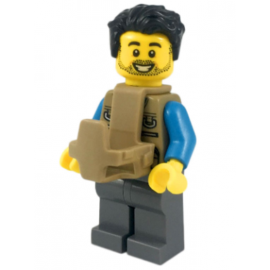 camper - male dark tan vest over dark azure shirt dark bluish gray legs black tousled hair dark tan baby carrier stubble