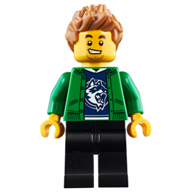 hiker male green jacket over raccoon shirt black legs medium nougat spiked hair