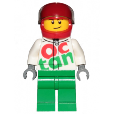 race car driver white octan racing suit with silver zipper red helmet with trans-brown visor lopsided smile