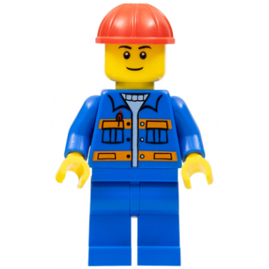 blue jacket with pockets and orange stripes blue legs red construction helmet thin grin