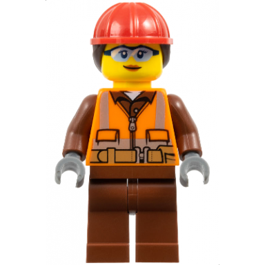 construction worker - female orange safety vest reflective stripes reddish brown shirt and legs red construction helmet with dark brown ponytail hair safety glasses