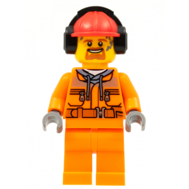 construction worker - male orange safety jacket reflective stripe sand blue hoodie orange legs red construction helmet with black ear protectors headphones goatee