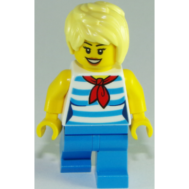ice cream vendor - female dark azure and white striped shirt with red scarf dark azure legs bright light yellow short tousled hair with side part