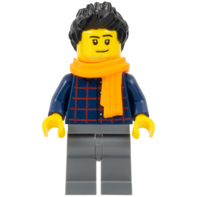 street performer busker - male dark blue plaid button shirt dark bluish gray legs black spiked hair orange scarf stubble