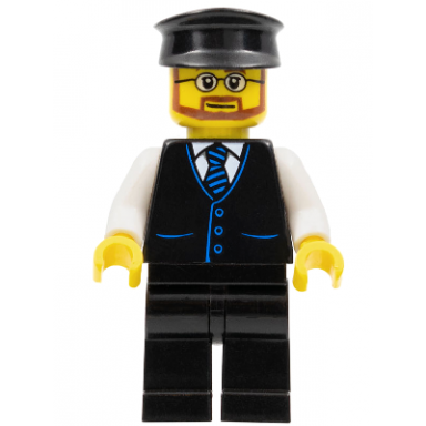bus driver - male black vest with blue striped tie black legs black hat glasses and beard