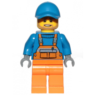 overalls with safety stripe orange orange legs blue short bill cap dark tan angular beard