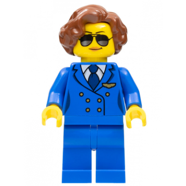 pilot female short reddish brown hair blue airline uniform