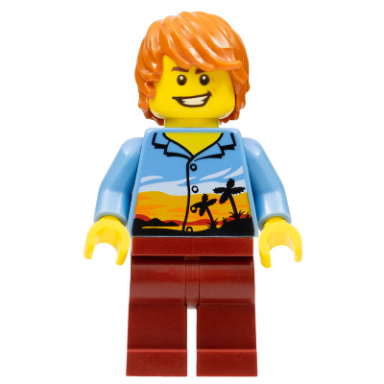 plane passenger dark orange hair hawaiian shirt dark red legs