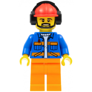 airport flagger - male blue jacket with diagonal lower pockets and orange stripes orange legs red construction helmet with black ear protectors headphones