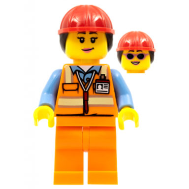 airport luggage handler - female orange safety vest with reflective stripes orange legs red construction helmet with dark brown ponytail hair