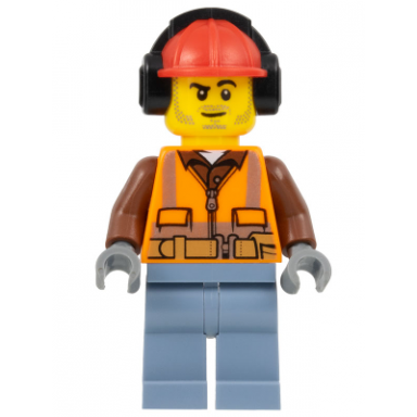 construction worker - male orange safety vest reflective stripes reddish brown shirt sand blue legs red construction helmet with black ear protectors headphones stubble
