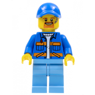 garbage worker - male blue jacket with diagonal lower pockets and orange stripes medium blue legs blue cap with hole goatee and splotches