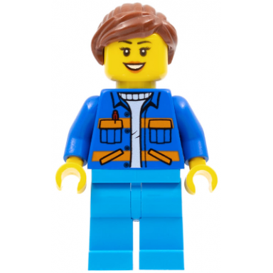 garbage worker - female blue jacket with diagonal lower pockets and orange stripes dark azure legs reddish brown ponytail