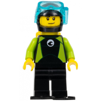 diver - male black flippers and wetsuit with white logo yellow scuba tank