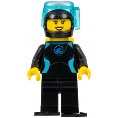 diver - female black flippers and wetsuit with blue logo yellow scuba tank