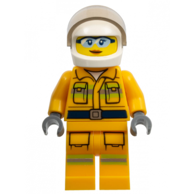 fire - reflective stripes bright light orange suit white helmet safety glasses peach lips closed mouth smile