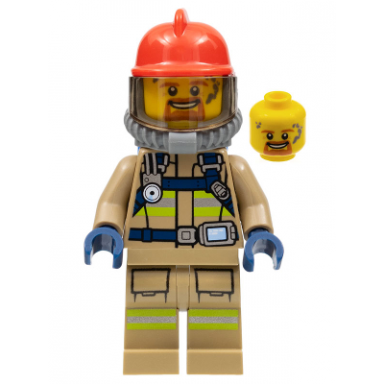 fire - reflective stripes dark tan suit red fire helmet open mouth with goatee breathing neck gear with blue air tanks