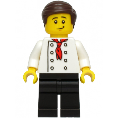 burger chef - white torso with 8 buttons no wrinkles front or back black legs dark brown hair
