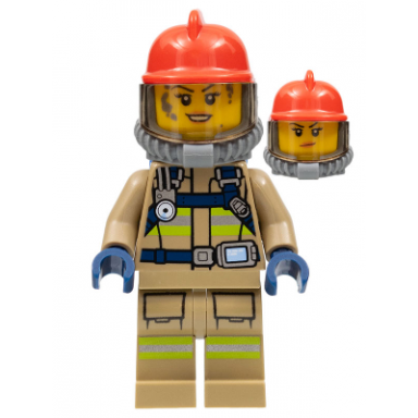 fire - reflective stripes dark tan suit red fire helmet open mouth with peach lips and dirty face breathing neck gear with blue air tanks