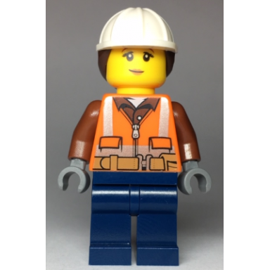 construction worker - female orange safety vest reflective stripes reddish brown shirt dark blue legs white construction helmet with dark brown ponytail hair peach lips