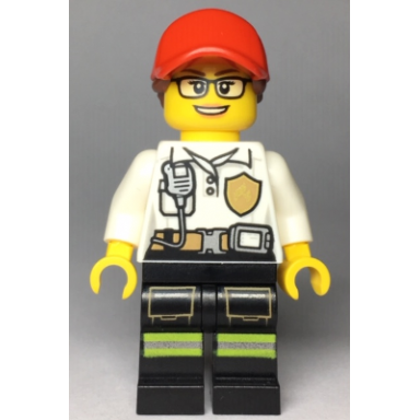 fire - female white shirt with fire logo badge and belt reflective stripes on black legs red cap with ponytail