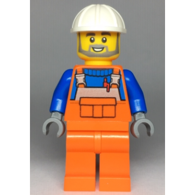 construction worker - male orange overalls with reflective stripe and buckles over blue shirt orange legs white construction helmet beard
