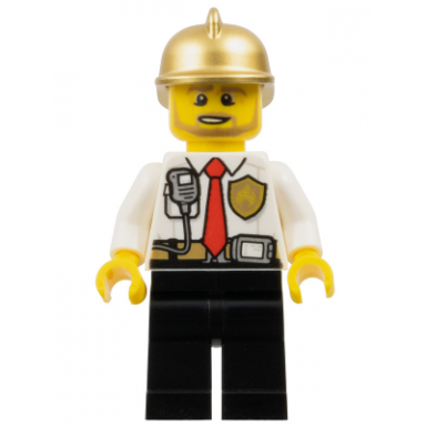 fire - white shirt with tie and belt and radio black legs gold fire helmet