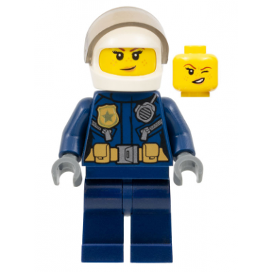 police - city helicopter pilot female gold badge and utility belt dark blue legs white helmet peach lips crooked smile with freckles