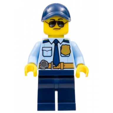 police - city officer shirt with dark blue tie and gold badge dark tan belt with radio dark blue legs dark blue cap sunglasses
