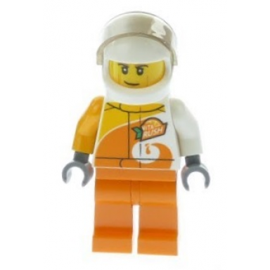 desert rally racer driver with orange vita rush logo and dark tan eyebrows