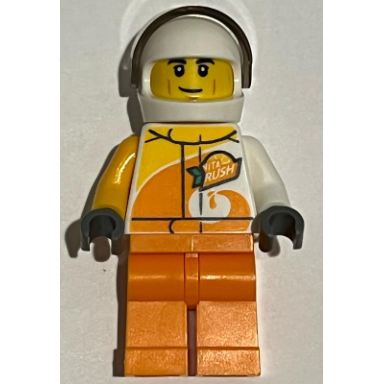 desert rally racer driver with orange vita rush logo and black eyebrows