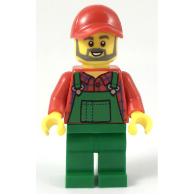 farmer - red cap and flannel shirt dark bluish gray beard green overalls