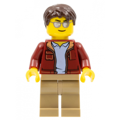 man dark red jacket with bright light blue shirt dark tan legs dark brown short tousled hair sunglasses truck driver