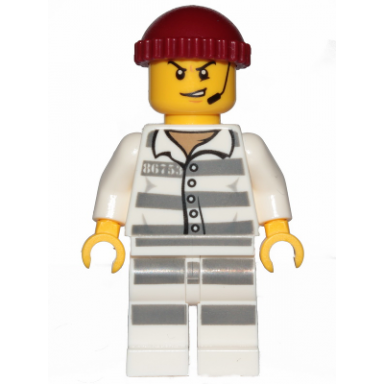 sky police - jail prisoner 86753 prison stripes scowl with open mouth and headset dark red knit cap
