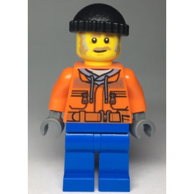 snow groomer operator - male orange safety jacket reflective stripe sand blue hoodie blue legs black knit cap moustache and sideburns