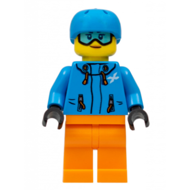 skier female dark azure jacket and helmet goggles with peach lips