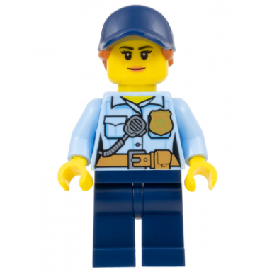 police - city officer female bright light blue shirt with badge and radio dark blue legs dark blue cap with dark orange ponytail