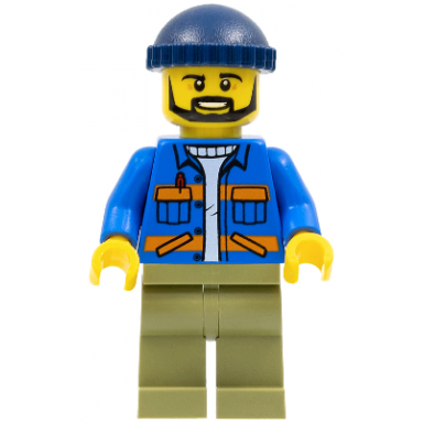 dock worker male blue jacket with diagonal lower pockets and orange stripes olive green legs dark blue knit cap