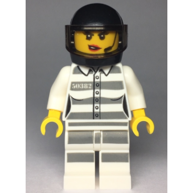 sky police - jail prisoner 50382 prison stripes female scowl with red lips and open mouth black helmet