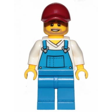 gardener - male blue overalls over v-neck shirt blue legs dark red cap beard