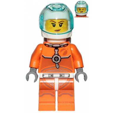 astronaut - female orange spacesuit with dark bluish gray lines trans-light blue visor freckles with smirk and winking
