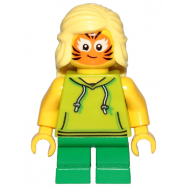 girl lime hoodie green short legs orange cat face paint