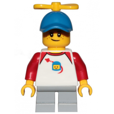 boy freckles classic space shirt with red sleeves light bluish gray short legs blue cap with tiny yellow propeller
